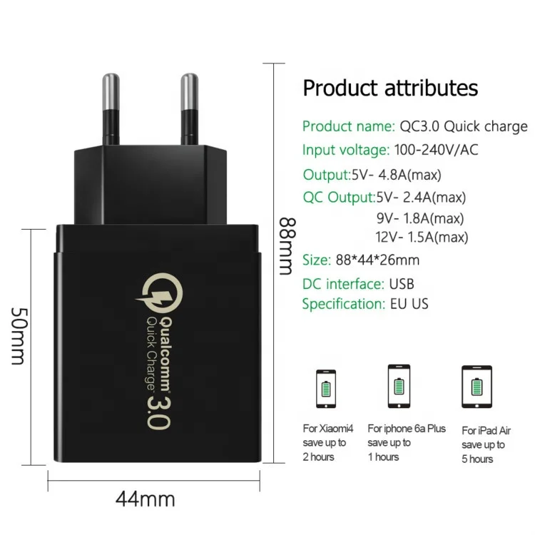  QC 3 0 быстрое зарядное устройство 5V 3A 3USB EU/US булавки стены портативное для путешествий быстрый USB