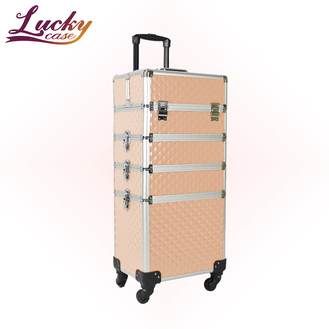 Rolling Cosmetic Case 4-in-1 Portable Makeup Train Case Professional Trolley Cosmetic Traveling Organizer Peach Pink