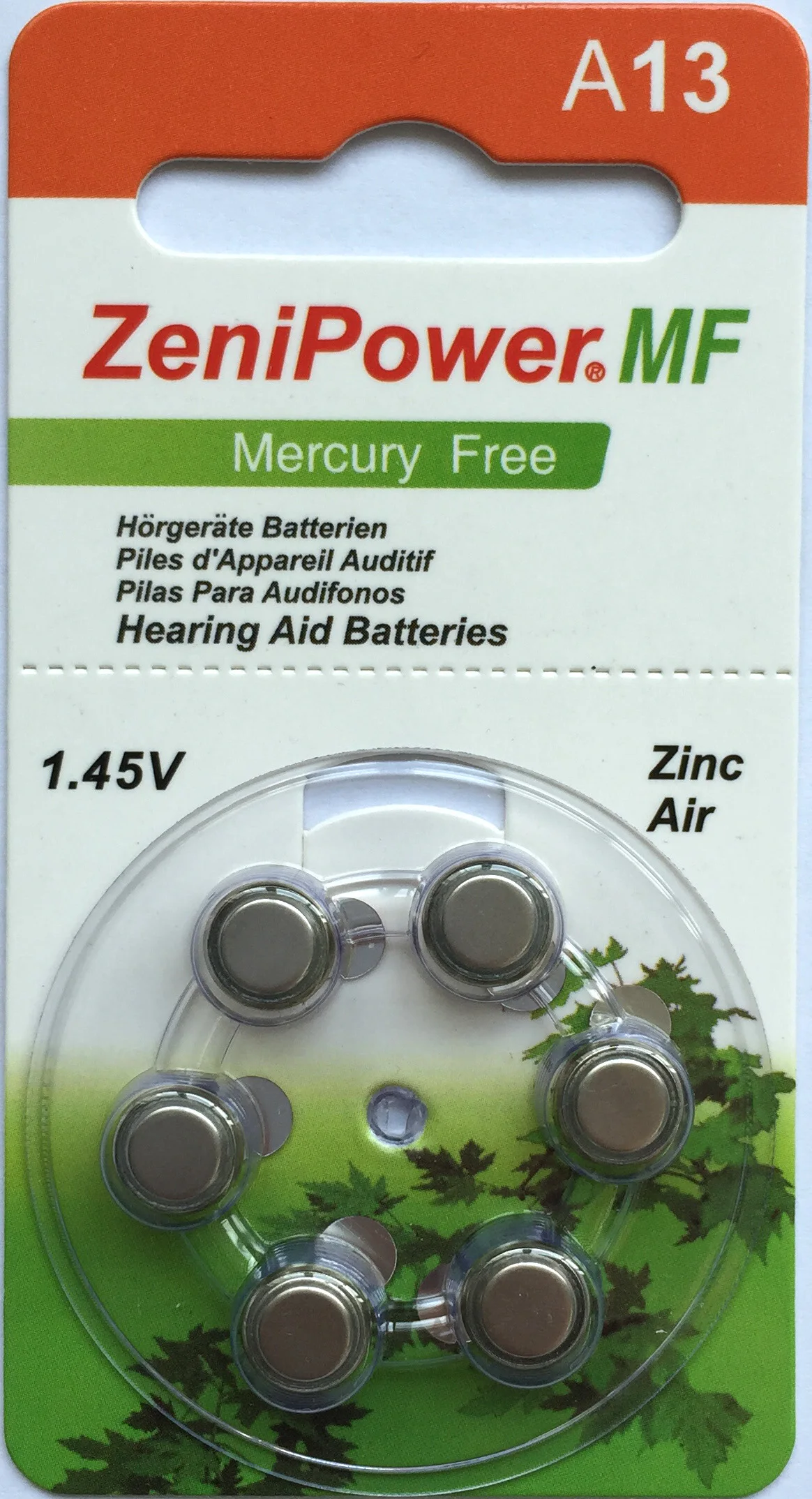 Hearing aid battery zinc air battery A13 with 1.45V