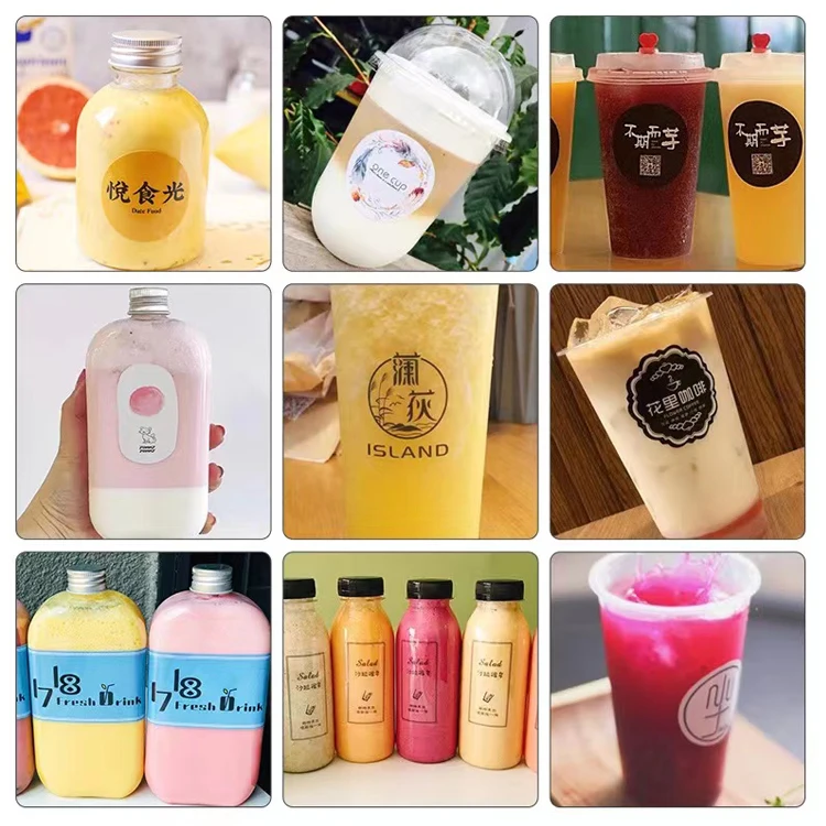 Customized logo adhesive plastic bottle stickers beverage milk tea drinks cup labels