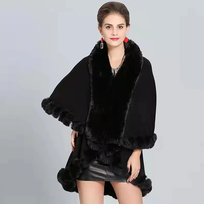 Women Oversize Thick Knit Faux Fur Shawl Colored Round Shape Warm Winter Pink White Plain Knitted Poncho Cape Blanket