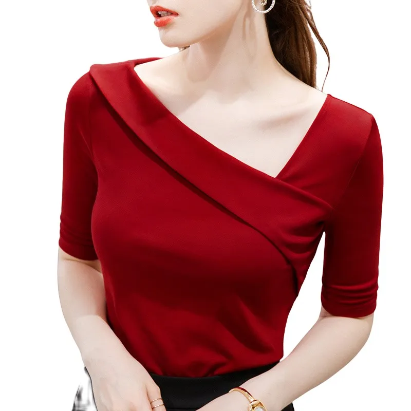 2021 Women Slim T Shirts Korean Casual Half Sleeved Good Elastic Oblique Neck Shoulder Female T-Shirt Top Tees Black Red