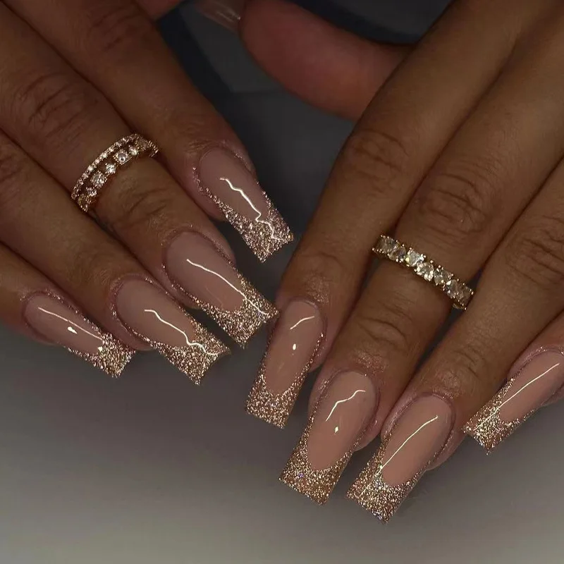 Acrylic Artificial Fingernails Gold Glitter French Style Wear Nail Art Wholesale Press On Nails For Finger