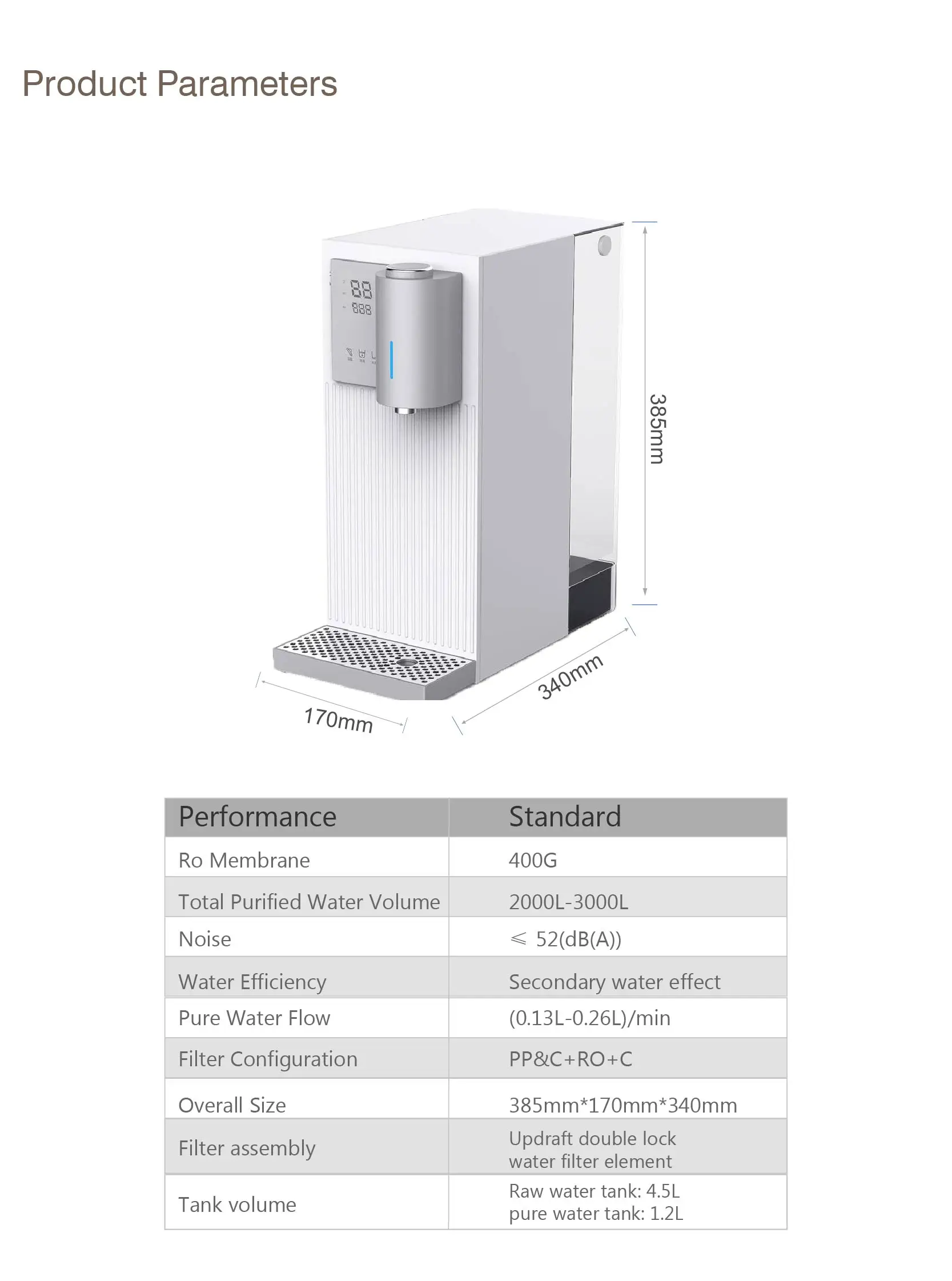White Portable 0 Installation Desktop Home Apartment Use Easy Replace Filter 4.5L Capacity Heating Revers Osmosis Water Purifier