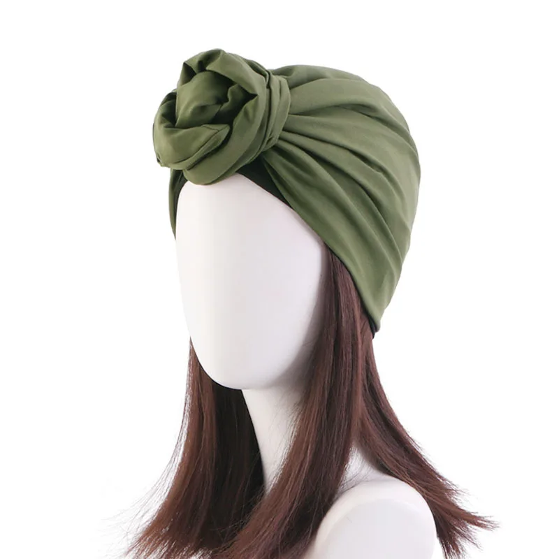 Elastic Twist Turban Hats Solid Color Turban Flower Head Scarf Hat Cap Cotton Vintage Sleeping Turban Cap