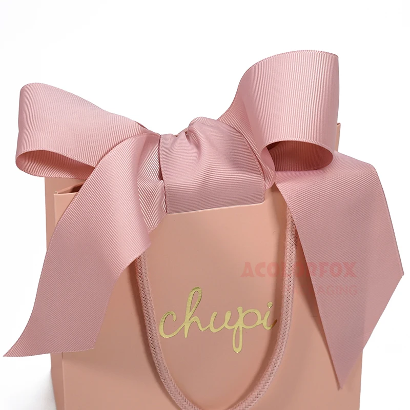 Luxury Jewelry Shopping Paper Bag Custom Print Logo Gold Foiled Mini Cute Pink Paper Gift Bags With Handles Ribbon Closure