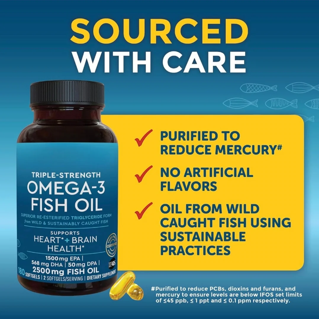 Omega 3 Fish Oil Supplement, Triple Strength Fish Oil with Re-Esterified Omega 3 Fatty Acids with EPA DHA DPA, food supplements