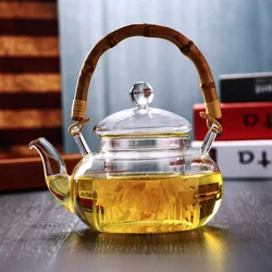Hensin Wholesale Handmade Flower Tea High Temperature Resistant Glass High Permeability Bamboo Handle Tea Glass Pot With Infuser
