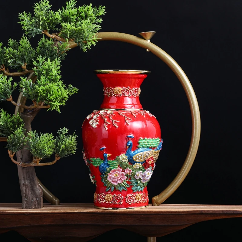 SHINNYGIFTS Enamel Metal Craft Peacock Bejewelled Vase Decoration FengShui Gifts