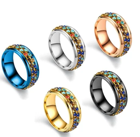 Aesthetic ADHD Autism Women Men Jewelry Gift Spinner Ring for Anxiety Relief Color CZ Stainless Steel Fidget Rotatable Ring