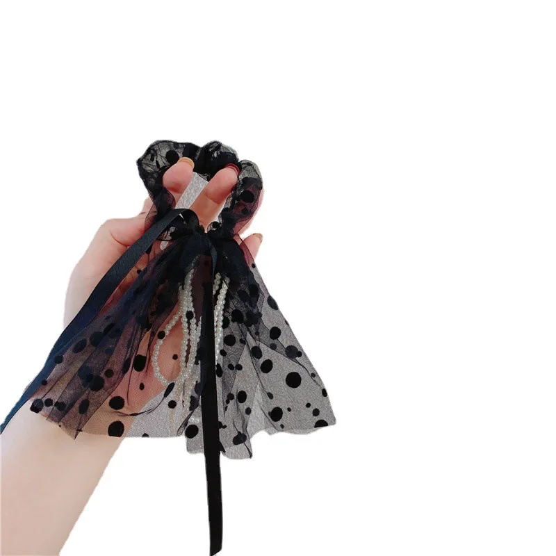 Wave dot mesh pearl hair circle headdress Ponytail ribbon fairy wind tie rope hair circle Design hair rope