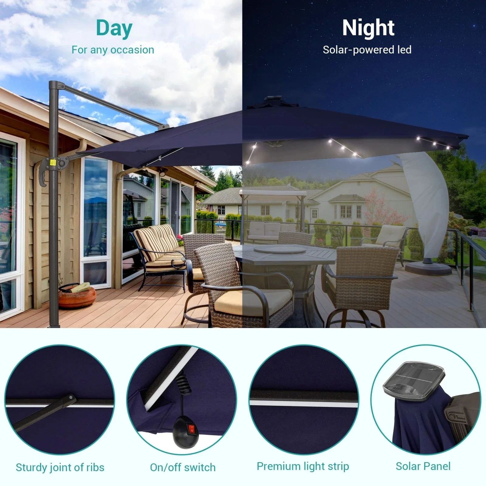 Высококачественный офсетный зонт для патио, подвесной светодиодный наружный офсетный зонт, Солнечный светодиодный консольный зонт для патио