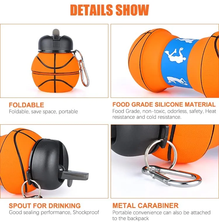 Patent Basketball Shaped Drink Bottles Bpa Free Silicone Baloncesto Botella De Agua Foldable Children School Water Bottle Kids