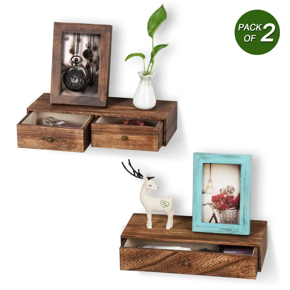 
Floating Shelf with Drawer Rustic Wood Wall Shelves for Storage and Display Set of 2 