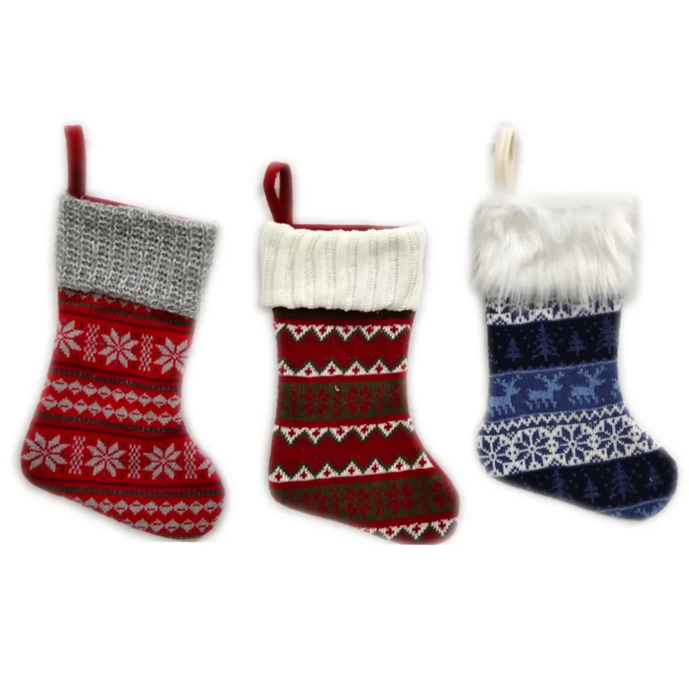 wholesale vintage knitted pattern plush cuff christmas tree hanging socks christmas craft promotion