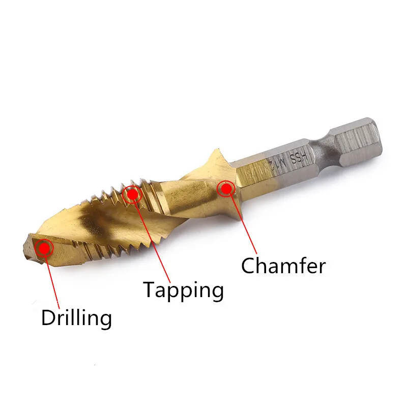 6pcs long screw Tap Drill Bits Hex Shank M3 M4 M5 M6 M8 M10 Titanium Coated HSS Compound Metric Thread  Machine Taps