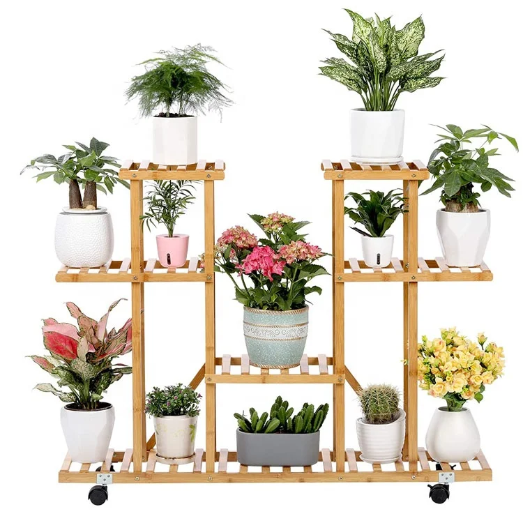 Bamboo Plant Stand Rack with Wheels 4 Tier Indoor&Outdoor Rolling Plant Flower Pots Holder Shelf
