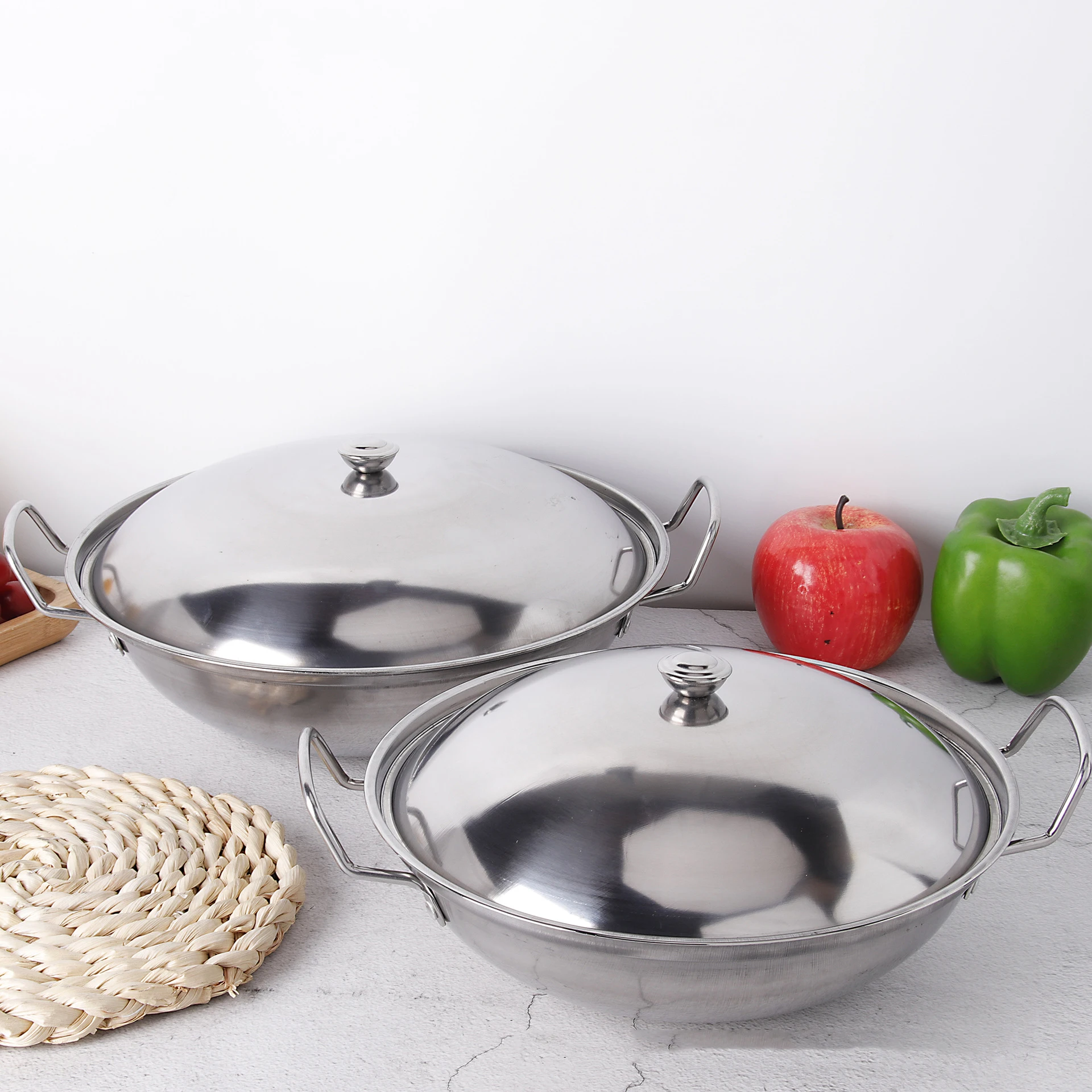 Chinese Hot Pot Set Stainless Steel Frying Pan With Lid Kitchen Cookware Double Handle Fry Pan
