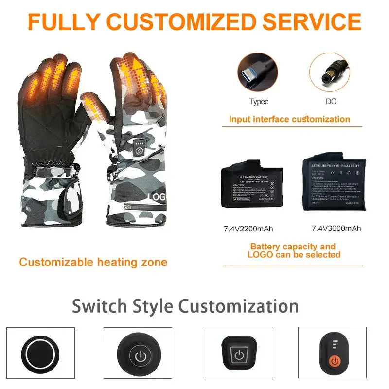 Hot Selling Rechargeable Heat gloves Snowboard Touch Screen Battery Heat Winter Waterproof camouflage Heated Gloves