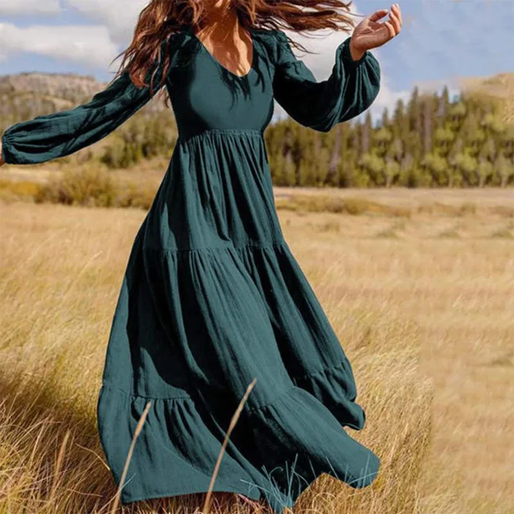 V Neck Ruffle Smock Dress A-line Comfortable Holiday Loose Pleated Dress 2023 Hot Selling Long Maxi Dress Women