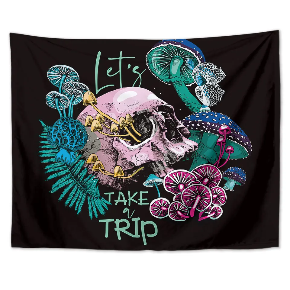 Colorful Hippie Psychedelic Weed Trippy Skull and Mushroom Tapestry Wall Hanging for Bedroom Aesthetic