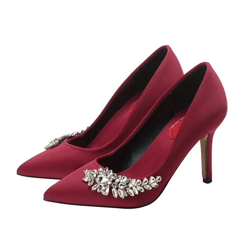 Custom small and large size pointed toe pumps pyramid low heel rhinestones wedding shoes for bride white