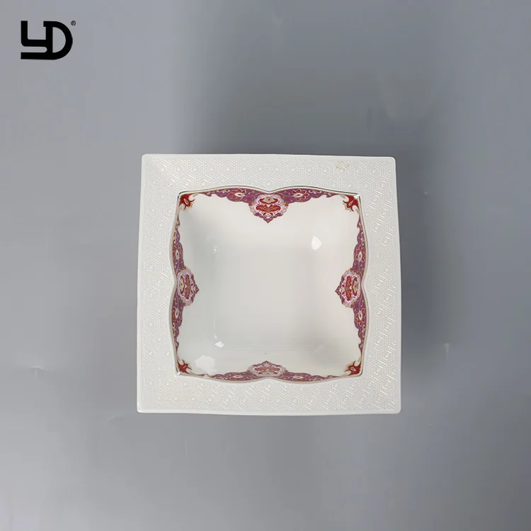 Royal Luxury Ceramic Tableware Dinner Set White Porcelain Embossed Dinnerware With Gold Purple Decal