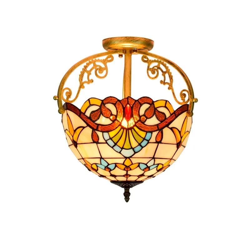 
16Inch Nordic Retro Gorgeous Rose Bedroom Bathroom Glazed Lamps Home Decor Tiffany Stained Glass Ceiling Light Semi-Ceiling Lamp 