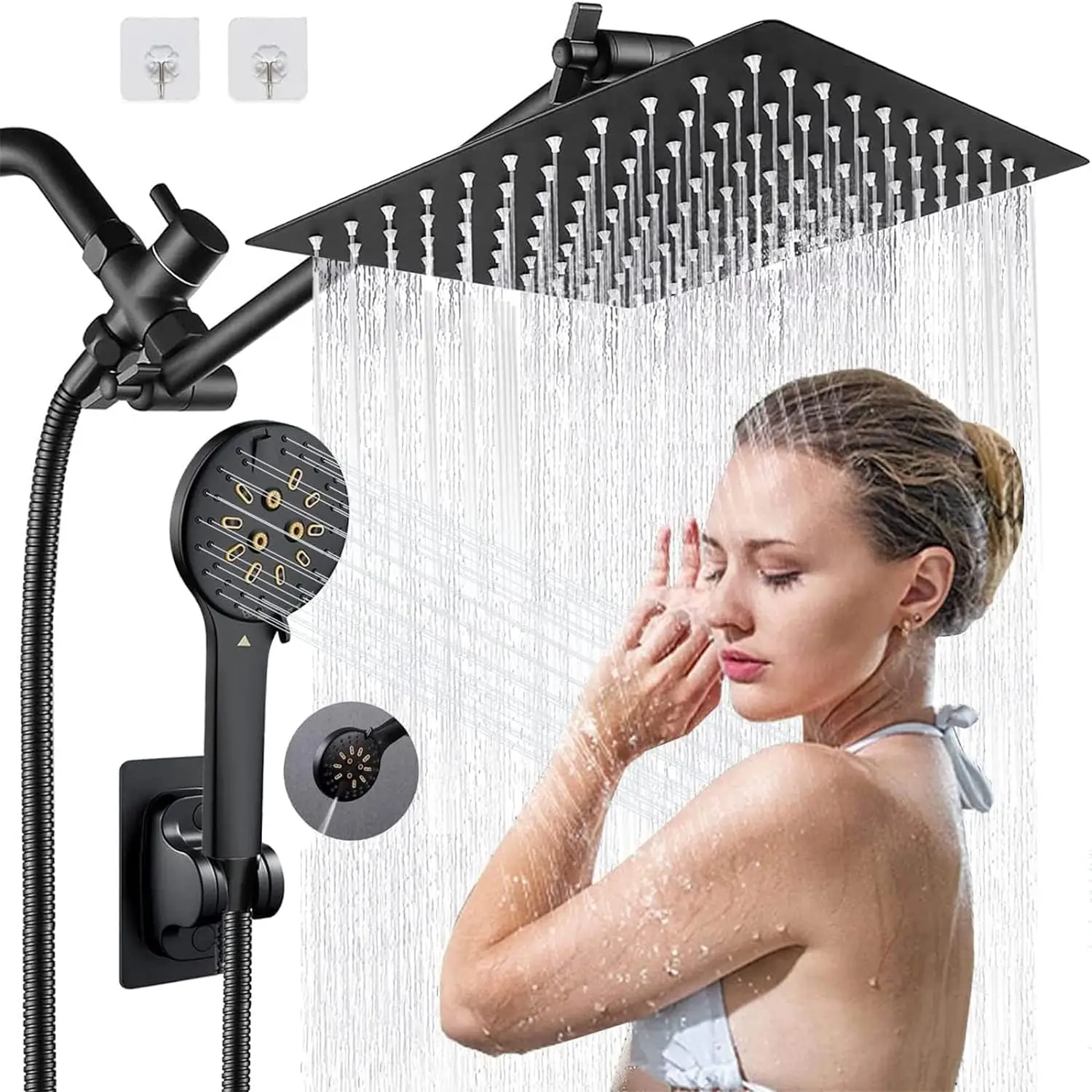 11' Extension Arm Height/Angle Adjustable 10 Inch Chrome Shower Head Quare Handheld Combo 3+6 Mode High Bath Shower Faucets