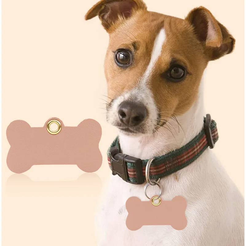 Stock bone-shaped dog outdoor anti-loss identity tag PU leather personalized pet collar tag