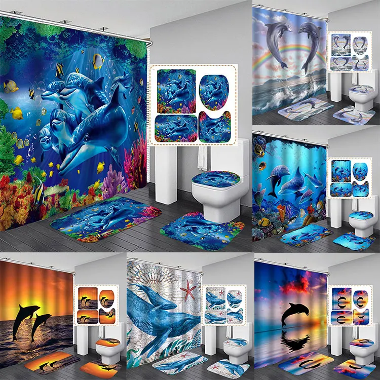 Underwater Coral Fish Couple Waterproof Toilet Rug 3D Print Sea World Dolphin Shower Curtain Set