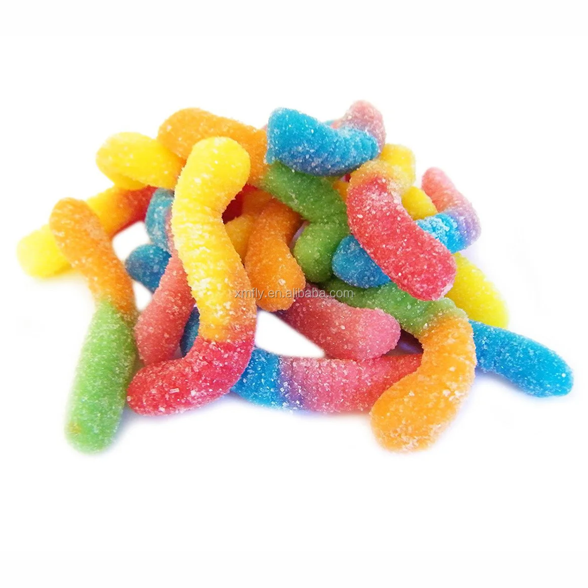 Wholesale bulk halal Gummy worm shaped Soft Candy Chewy in Custom Bottle