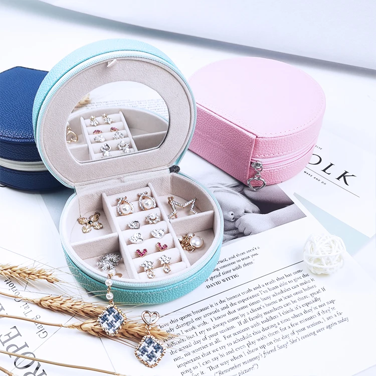 
promotion jewelry gift box custom Logo Travel Mirror Jewelry Box Zipper Leather Ring Jewelry Box 