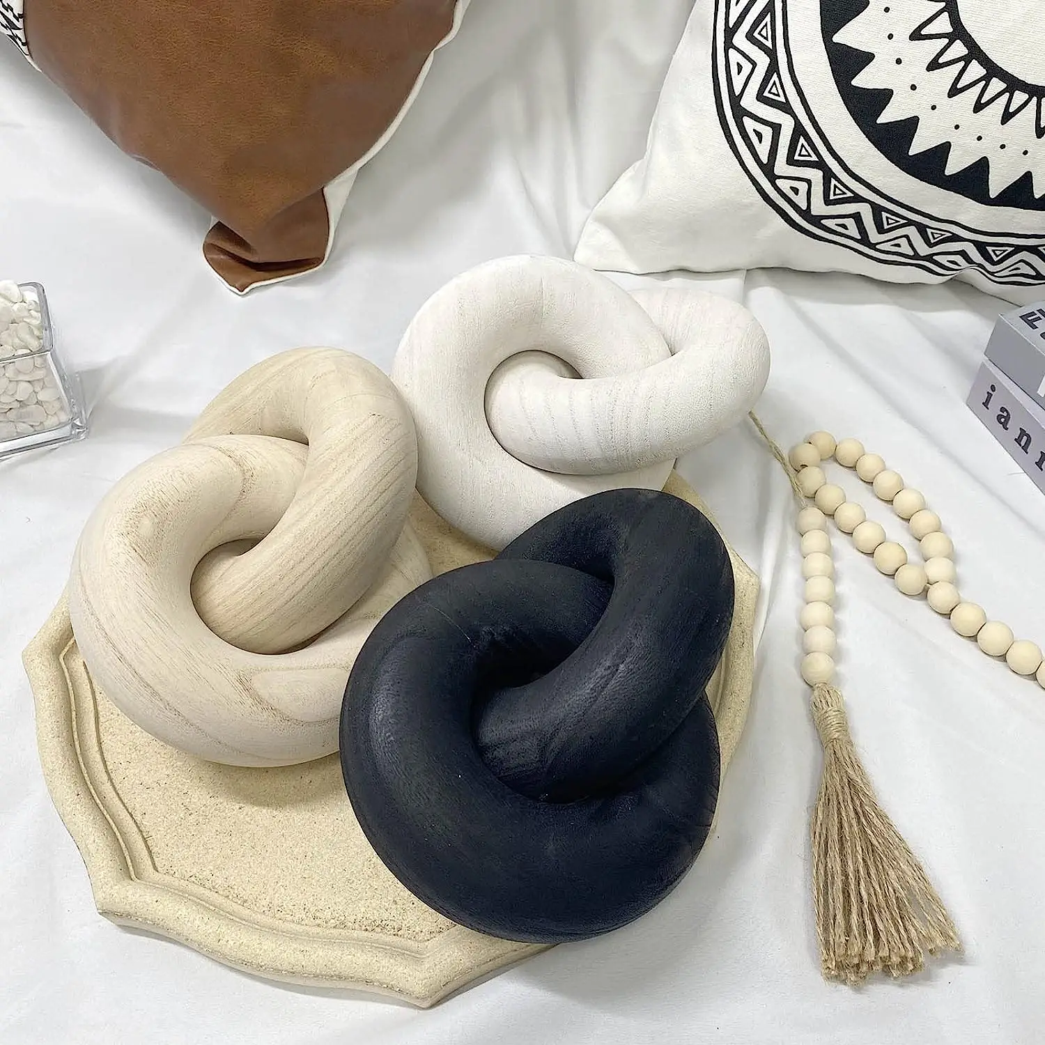 Black 2-Link Wood Chain Link Decor Wood Knot Decor Home Shelf Decor Hand Carved Boho Bead