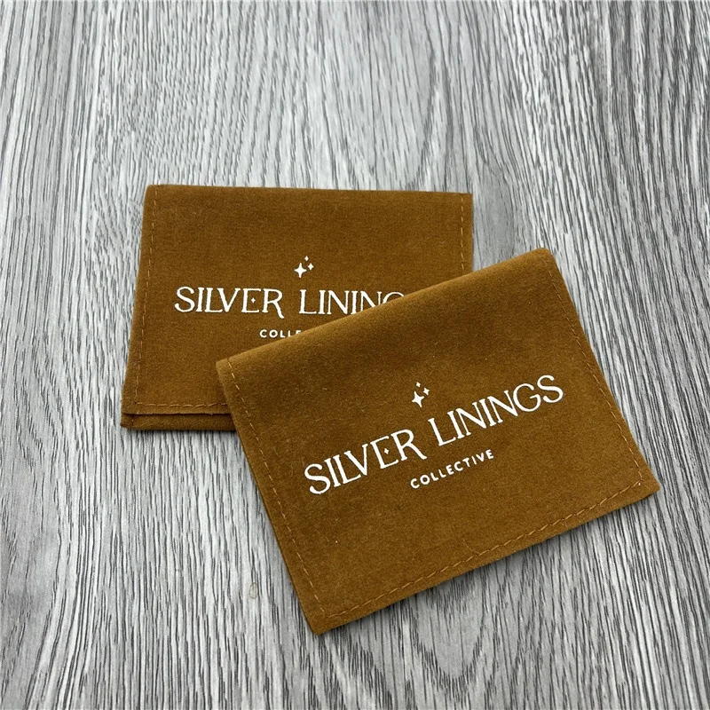 Custom Logo Printed Velvet Suede Jewelry Bag Brown Envelope Pouch Suede Microfiber Double Sides Velvet Jewelry Gift Bag