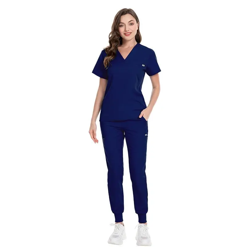42031 stretchy joggar work clothes denim canvas apron cotton laboratory scrubs navy blue tailor suit for women