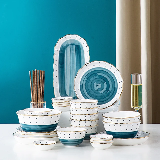 Nordic Style assiette en porcelaine Blue Ceramic Dinnerware Sets Restaurant Dining Room Dishes & Plates Dinner Set For 6 People