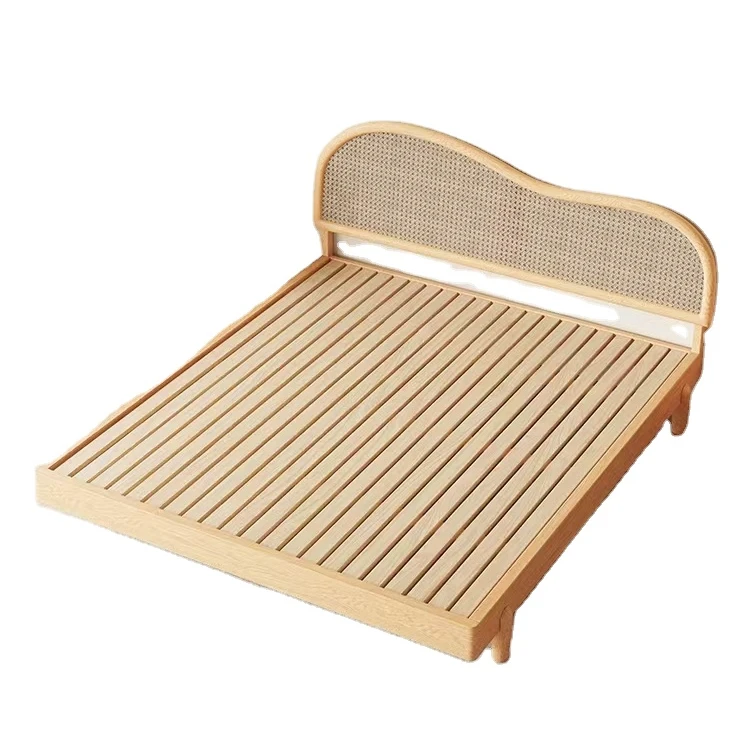 Nordic retro solid wood rattan woven bed Japanese modern simple bed