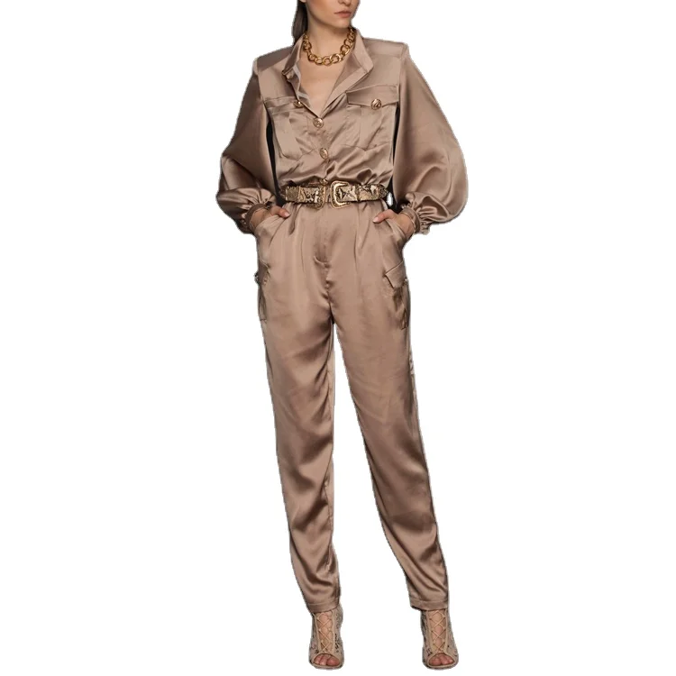 High Quality Luxury Women Fashion Jumpsuit Long Sleeve Satin Silk Belted Cargo With Long Pants