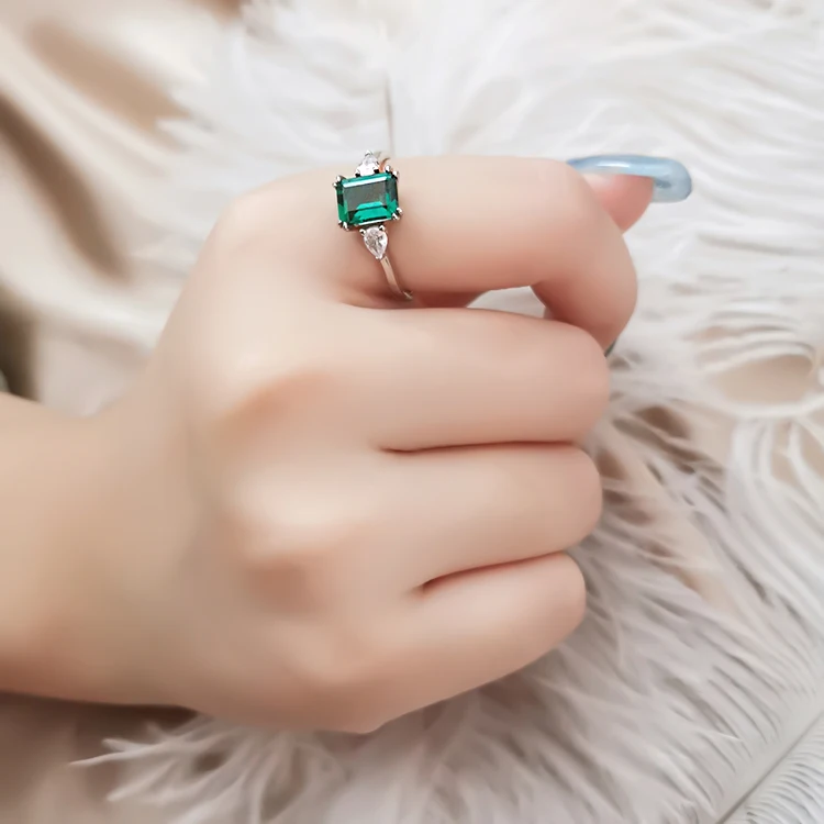 Emerald Cubic Zirconia Gemstone 925 Sterling Silver Nickel-Free Ring Emerald Cut Lab Grown Gemstone Rings