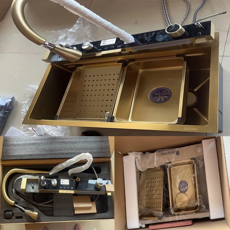 New Trend Golden Nano SUS 304 Automatic Cup Washer 4 Piano Digital Display Waterfall Faucet Kitchen Sinks