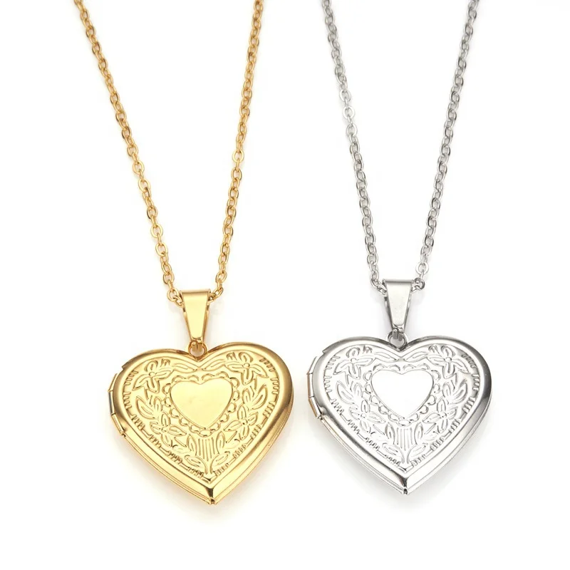 Fashion Stainless Steel Photo Frame Locket Hollow Gold Silver Polish Love Heart Locked Pendant Necklaces for Lover Couple Gift