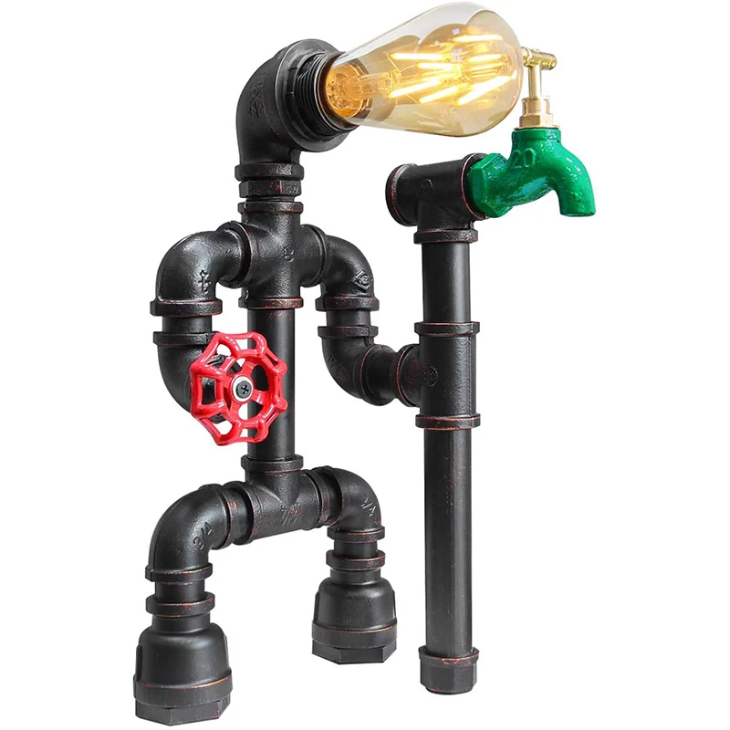 Vintage Industrial Water Pipe Table Lamp Steampunk Rusted Iron Loft Edison Robotic Desk Lamp