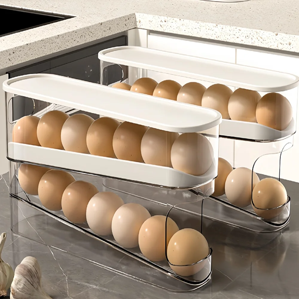 Fridge Organizers and Storage Auto Rolling Fridge Egg Organizer Space Saving Eggs Dispenser Refrigerator Egg Holder Container
