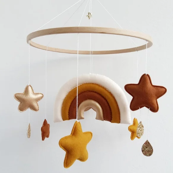 
custom rotating unisex monochrome boho toys colorful burnt orange gold stars nursery rainbow felt baby mobile 