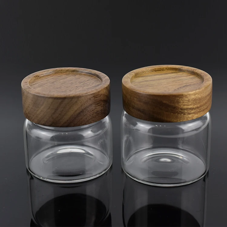 Wholesale Glass Containers Bamboo Lip 2oz 3oz Dry Flower Bamboo Wooden Glass Jar with Wooden Lid