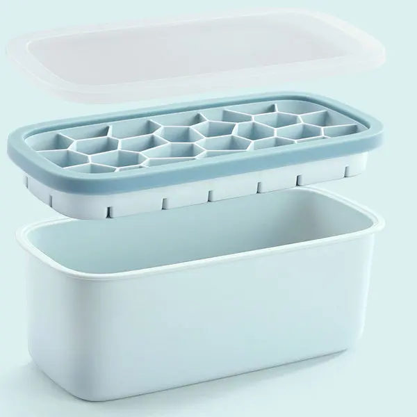BPA Free Long Big Large Ice Tray Silicone Ice Cube Mold Honeycomb Shaped Designer Silicone Ice Cube Tray With Box Lid And Bin