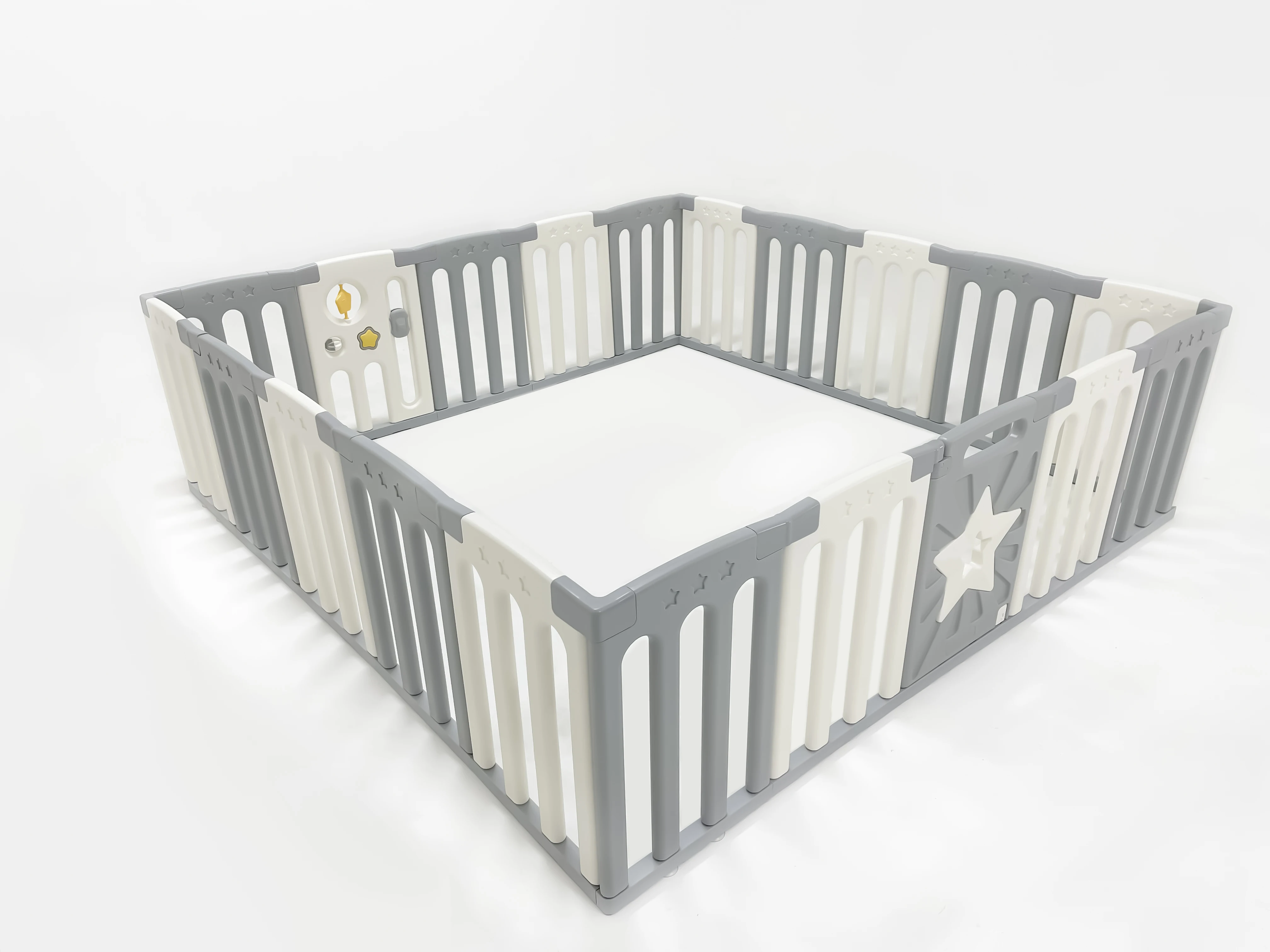 ABST Grey White Star 16 Panel Baby Playpen Safety Sturdy Kids Play Center Yard Portable Baby Fence with Gate for Baby
