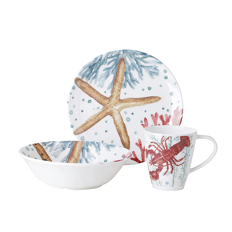 China Factory Ready Stock Melamine Tableware Set For Restaurant, 10 Inches Round Melamine Dinner Set Ocean Coral Design