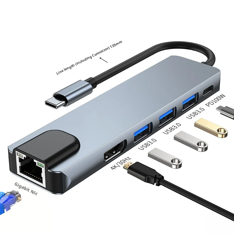 USB-концентратор 6 в 1 3 0 usb c type-C Ethernet RJ45 1000 м 2xUSB3.0 PD 100 Вт